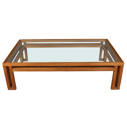 LARGE CUSTOM BILLY BALDWIN OAK AND GLASS COCKTAIL TABLE
