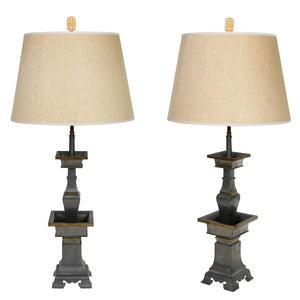 PAIR OF PEWTER CHINOISERIE LAMPS WITH BRASS DETAIL