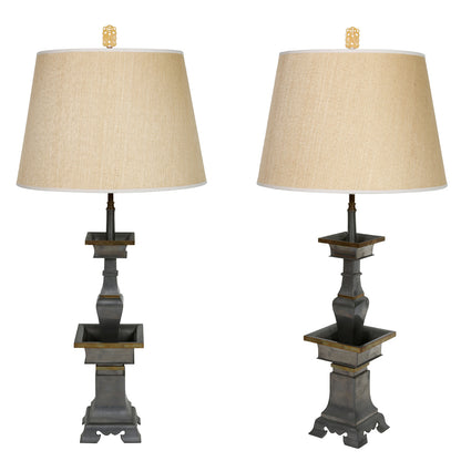 PAIR OF PEWTER CHINOISERIE LAMPS WITH BRASS DETAIL