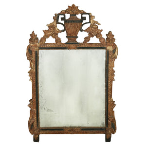 ANTIQUE MIRROR WITH GILT CARVED URN CREST AND GARLAND DETAIL