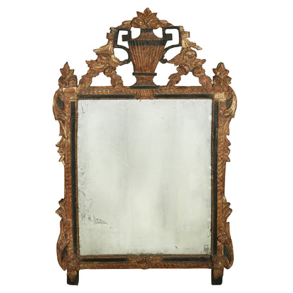 ANTIQUE MIRROR WITH GILT CARVED URN CREST AND GARLAND DETAIL