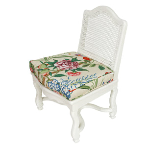 CHINOISERIE STYLE PAINTED CANE SLIPPER CHAIR WITH FLORAL CUSHION