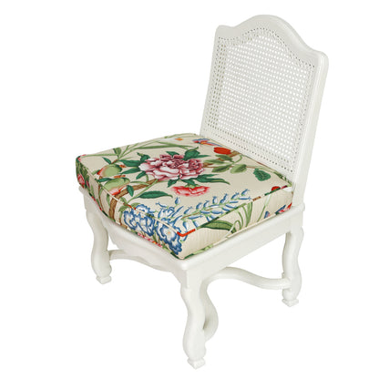 CHINOISERIE STYLE PAINTED CANE SLIPPER CHAIR WITH FLORAL CUSHION