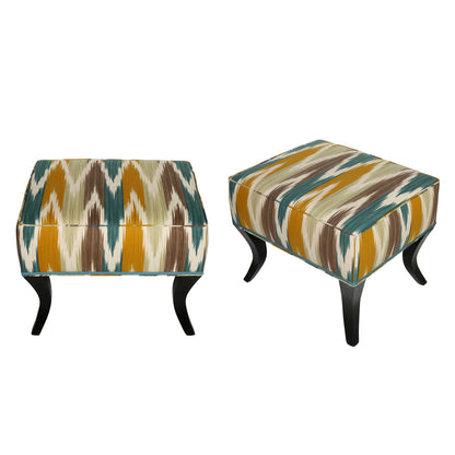 PAIR OF NEWLY UPHOLSTERED IKAT FLAMESTITCH BENCHES