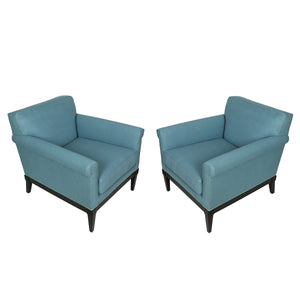 PAIR OF JAMES MONT STYLE VINTAGE ARMCHAIRS IN BLUE RAW SILK