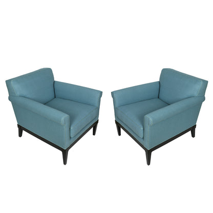 PAIR OF JAMES MONT STYLE VINTAGE ARMCHAIRS IN BLUE RAW SILK