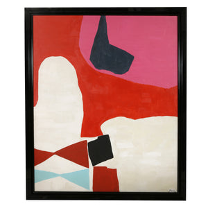 OVERSIZED MODERN ABSTRACT OIL PAINTING IN RED, PINK AND WHITE, FRAMED & SIGNED