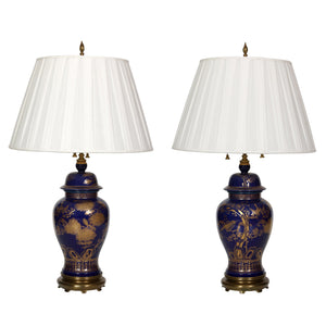 PAIR OF NAVY AND GILT ASIAN VASES MOUNTED AS LAMPS