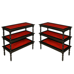 VINTAGE PAIR OF THREE TIER ETAGERES PAINTED BLACK WITH RED SHELVES