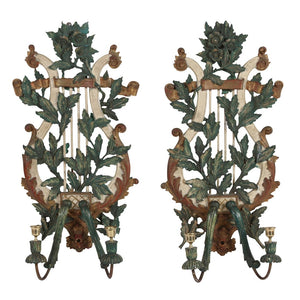 PAIR OF ITALIAN CARVED AND PAINTED WOOD CANDLE SCONCES WITH LEAVES AND LYRE BACK