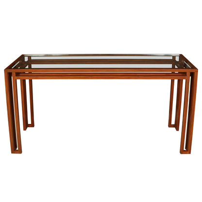 MODERN FAUX BOIS PAINTED METAL AND GLASS CONSOLE TABLE
