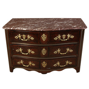 REGENCE BRASS AND ORMOLU MOUNT SERPENTINE FRONT COMMODE WITH SPANISH ROUGE MARBLE TOP