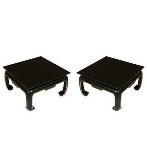 PAIR OF ASIAN BLACK LACQUERED SQUARE COFFEE TABLES WITH GILT DETAIL