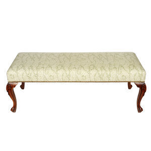 FRENCH UPHOLSTERED BENCH WITH CABRIOLE LEGS IN MEG BRAFF DESIGNS MENTON FABRIC