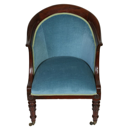 ENGLISH REGENCY STYLE MAHOGANY BARREL LIBRARY CHAIR IN BLUE VELVET