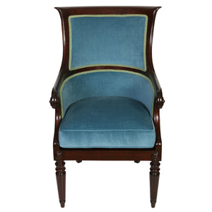 ENGLISH REGENCY STYLE MAHOGANY LIBRARY ARMCHAIR WITH NEW BLUE VELVET UPHOLSTERY