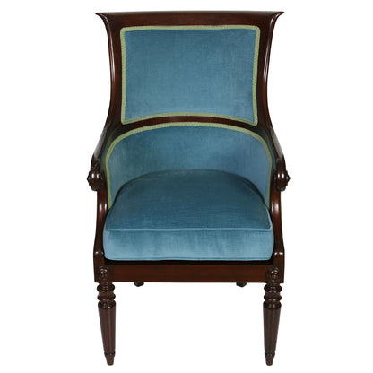 ENGLISH REGENCY STYLE MAHOGANY LIBRARY ARMCHAIR WITH NEW BLUE VELVET UPHOLSTERY
