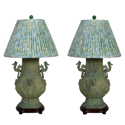 PAIR OF BRONZE CHINOISERIE LAMPS WITH DRAGON HANDLES AND ROSEWOOD BASE