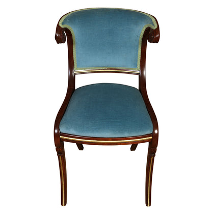 REGENCY STYLE BLUE VELVET UPHOLSTERED MAHOGANY KLISMOS CHAIR
