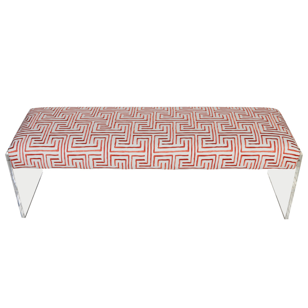 MODERN LUCITE BENCH NEWLY UPHOLSTERED IN GEOMETRIC CORAL