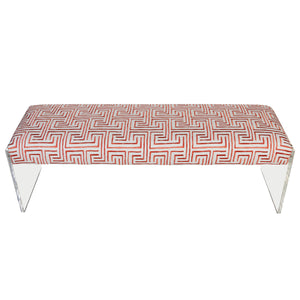 MODERN LUCITE BENCH NEWLY UPHOLSTERED IN GEOMETRIC CORAL