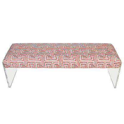 MODERN LUCITE BENCH NEWLY UPHOLSTERED IN GEOMETRIC CORAL