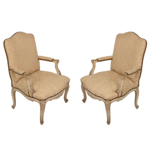 PAIR OF ANTIQUE IVORY WOVEN DAMASK FAUTEILS UPHOLSTERED ARMCHAIRS