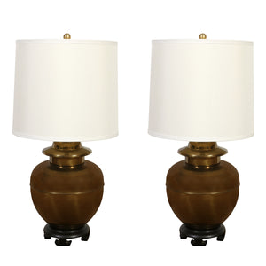 PAIR OF BRASS VINTAGE GINGER JAR LAMPS ON WOOD BASE