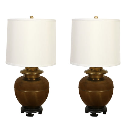 PAIR OF BRASS VINTAGE GINGER JAR LAMPS ON WOOD BASE