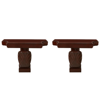 PAIR OF GROSFELD HOUSE MAHOGANY CONSOLES WITH CUT CORNER TOPS