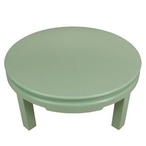 MID CENTURY KARL SPRINGER STYLE ROUND LINEN WRAPPED COFFEE TABLE IN CUSTOM MINT GREEN