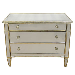 SINGLE REGENCY STYLE MIRRORED THREE DRAWER CHEST WITH GILT TRIM