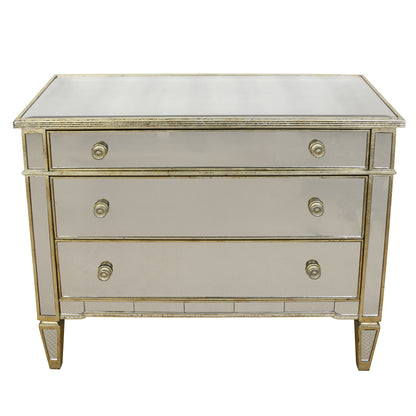 SINGLE REGENCY STYLE MIRRORED THREE DRAWER CHEST WITH GILT TRIM