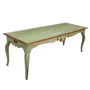 EUROPEAN STYLE GREEN AND GILT PAINTED CONSOLE/DINING TABLE WITH CABRIOLE LEGS