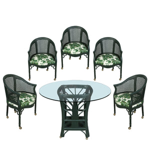 SET OF FOREST GREEN WICKER TABLE AND FIVE CHAIRS IN BIELECKY BROTHERS STYLE