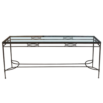 OUTDOOR IRON CONSOLE TABLE WITH GLASS TOP
