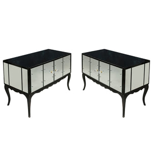PAIR OF TWO DOOR BLACK GLASS AND MIRROR CABINETS WITH CABRIOLE LEGS