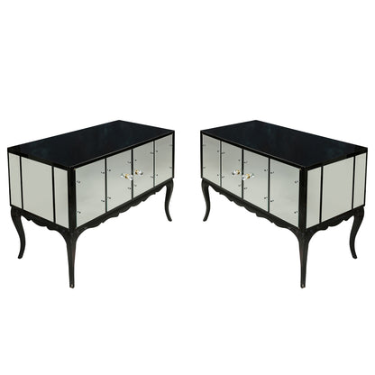 PAIR OF TWO DOOR BLACK GLASS AND MIRROR CABINETS WITH CABRIOLE LEGS
