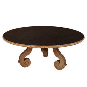 SERGE ROCHE STYLE 42" ROUND CERUSED OAK COFFEE TABLE WITH BLACK MIRRORED TOP