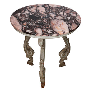 VINTAGE MARBLE TOP THREE LEGGED SIDE TABLE WITH WOOD BASE AND SERGE ROCHE INSPIRED CARVED DETAIL