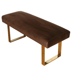 MID CENTURY MODERN POLISHED BRASS BENCH WITH CHOCOLATE BROWN VELVET SEAT