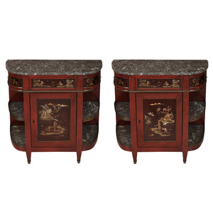 PAIR OF ANTIQUE DEMI LUNE SIDEBOARDS WITH MARBLE TOP, OPEN SHELVES AND CHINOISERIES DETAILS