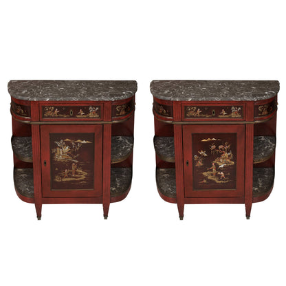 PAIR OF ANTIQUE DEMI LUNE SIDEBOARDS WITH MARBLE TOP, OPEN SHELVES AND CHINOISERIES DETAILS