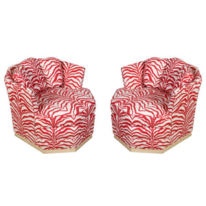 PAIR OF MID CENTURY SWIVEL CHAIRS NEWLY UPHOLSTERED IN SISTER PAIRSH RED ZEBRA CHINTZ