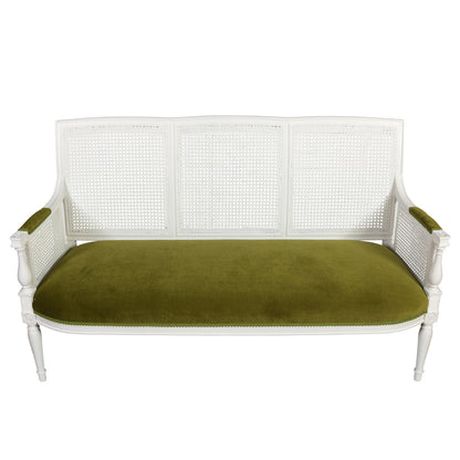 PAINTED CANE SETTEE WITH GREEN VELVET SEAT