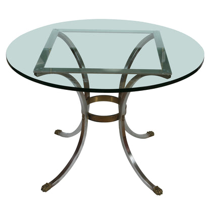 MAISON JANSEN STYLE GLASS TOP CENTER TABLE WITH METAL PEDESTAL BASE