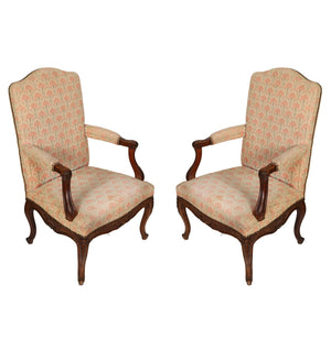 PAIR REGENCE WALNUT FAUTEUILS WITH CARNATION PETIT POINT TAPESTRY