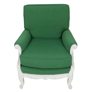 PAIR OF CUSTOM FRENCH BERGERES IN GREEN OTTOMAN FILE FABRIC