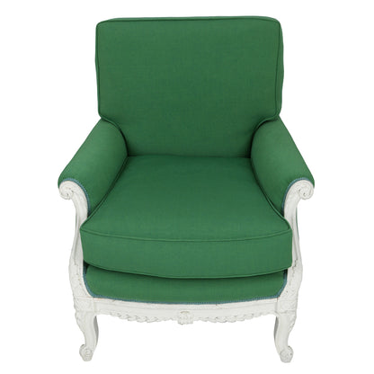 PAIR OF CUSTOM FRENCH BERGERES IN GREEN OTTOMAN FILE FABRIC