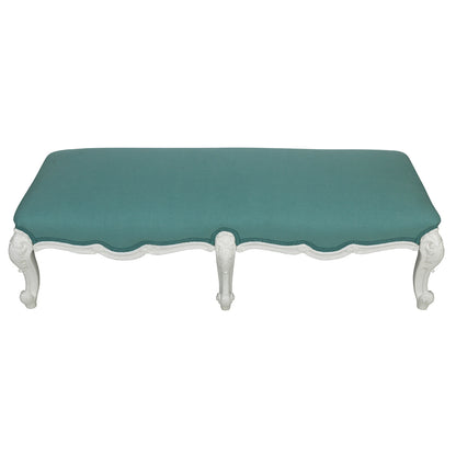 CARVED WHITE OVERSIZED OTTOMAN WITH AQUA FABRIC IN LOUIS XV STYLE